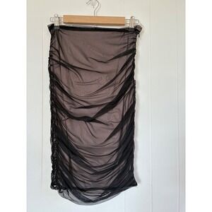 House of CB Tiana Black Ruched Mesh Midi Skirt Size M Power Mesh Lining